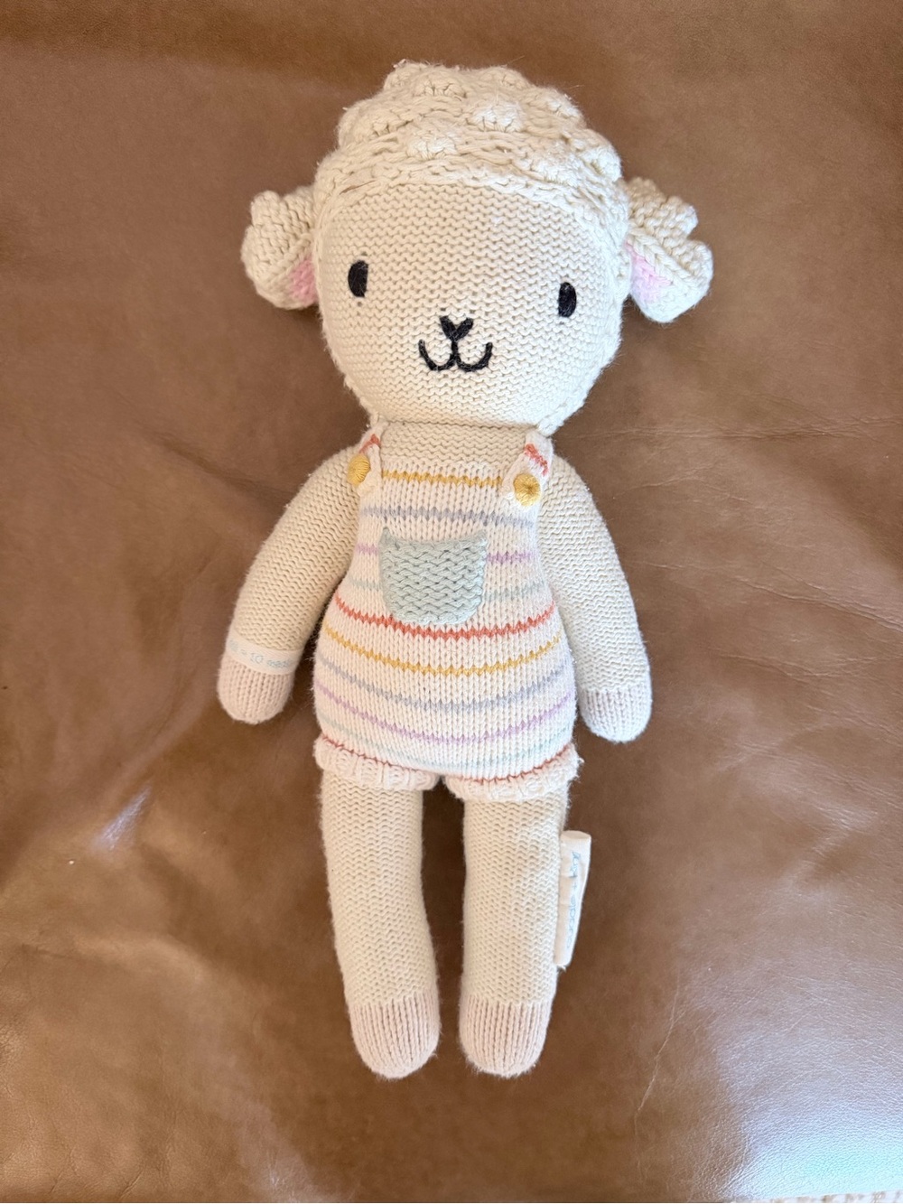 Cream Knit Lamb Stuffed Animal with Pastel Striped Overalls - Kids Toy